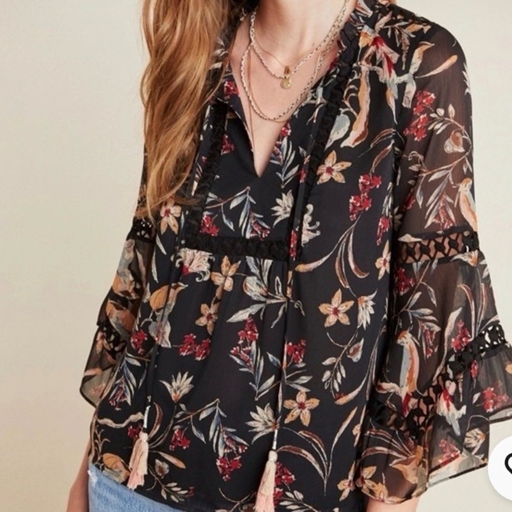 Maeve Black Floral Blouse with Red and Cream Accents
